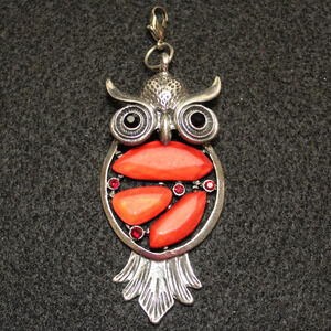 Silver Tone Owl Pendant Red Glass Stones Rhinestones Black Eyes Vintage